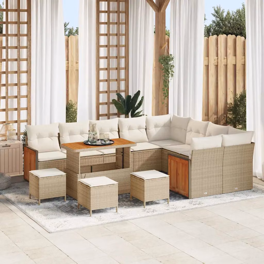 Set Divano da Giardino vidaXL 14 Pezzi Moderno Beige e Bianco con Cuscini e Tavolino da Esterno – 1