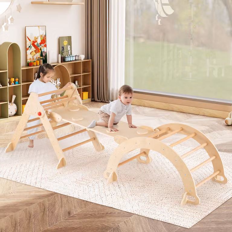 Set triangolo 7 in 1 Costway per bambini, palestra da interno in legno naturale per età dai 3 anni in su