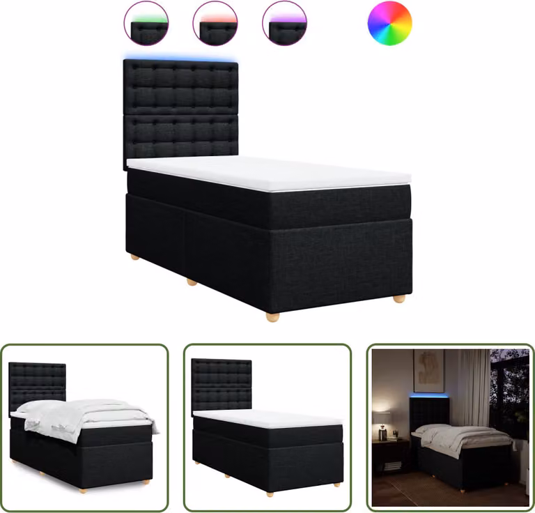 The Living Store Letto a molle con materasso nero 90x190 cm in tessuto