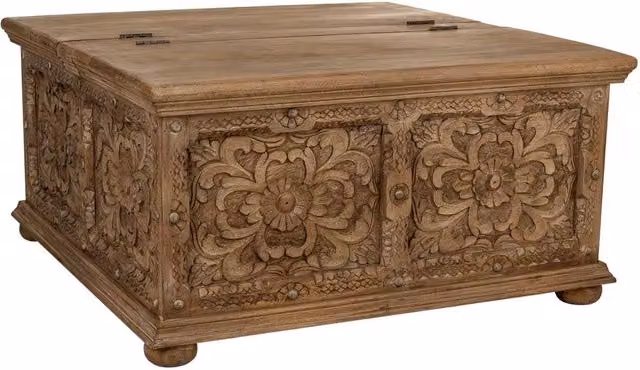 Tavolino baule in legno marrone fatto a mano 100x100x47h