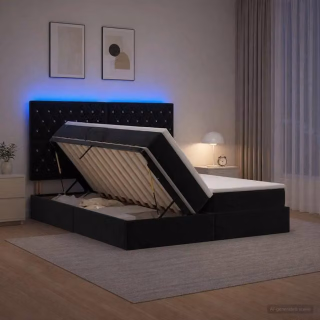 Letto con contenitore e materasso ibrido vidaXL in velluto nero con illuminazione LED e porta USB L/P/H: 200 x 200 x 140 cm