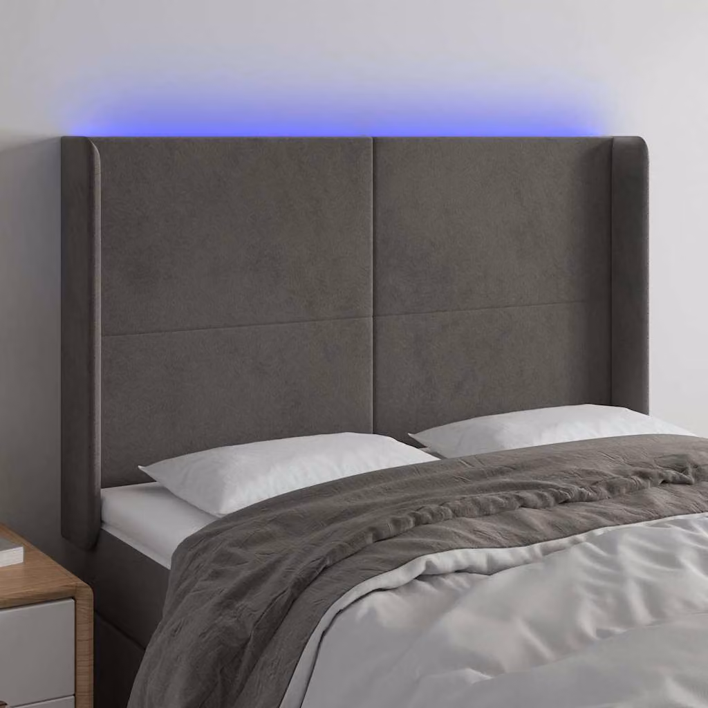 vidaXL Testiera per letto in velluto grigio con illuminazione LED e porta di ricarica USB, L: 147 cm, P: 16 cm, H: 118-128 cm – 1