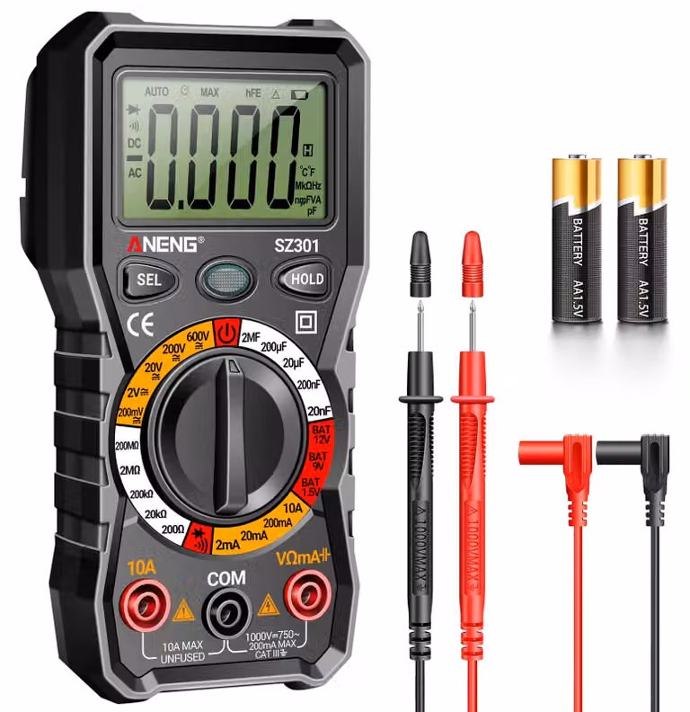 Multimetro DC/AC per misurare tensione, corrente, resistenza e diodi, dotato di un display intuitivo