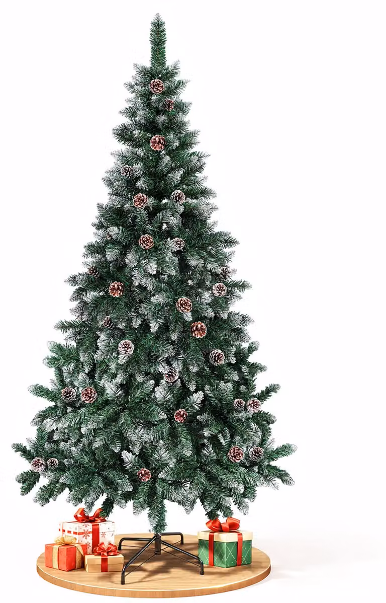 Albero di Natale artificiale Ikodm, altezza 210 cm, con decorazioni a neve, 750 punte, 35 pigne, realizzato in plastica con supporto in metallo