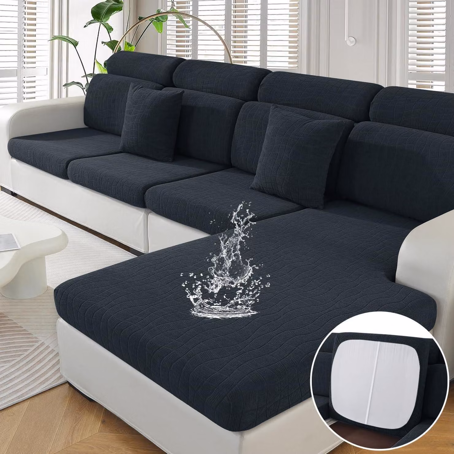 Copertura elastica impermeabile per cuscini da seduta, colore grigio scuro. Include 1 copertura per seduta singola e 1 copertura per chaise longue