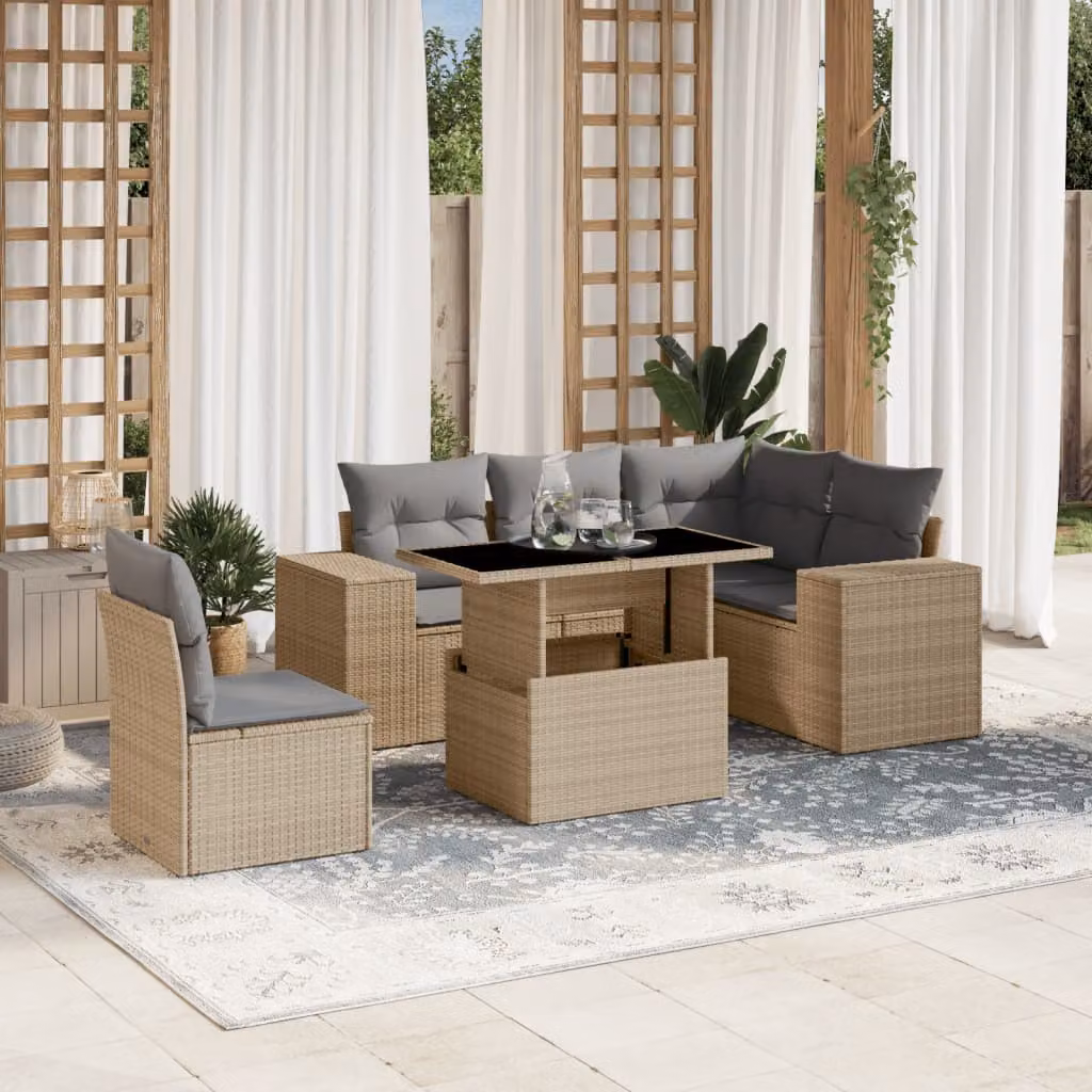 Set Divano da Giardino L-Shape vidaXL 6 pz con Cuscini Beige e Tavolino in Polyrattan e Metallo
