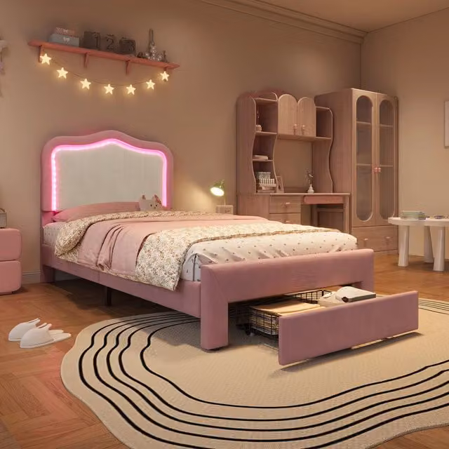 Letto imbottito per bambini 90 x 200 cm con cassetto e LED; velluto rosa