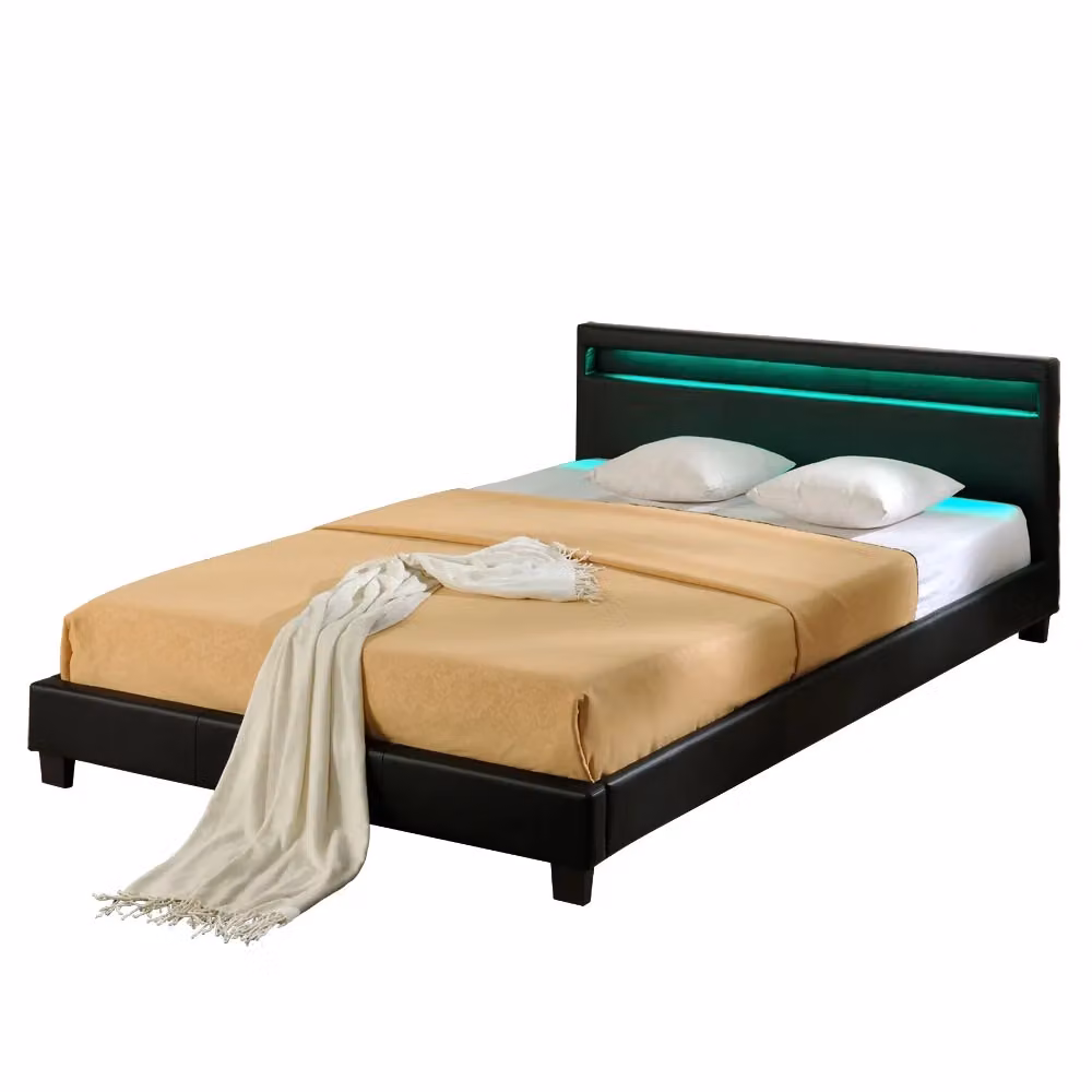 Letto Matrimoniale Imbottito Corium Nero con Illuminazione a LED e Contenitore L/P/H: 160 x 200 x 78 cm – 2