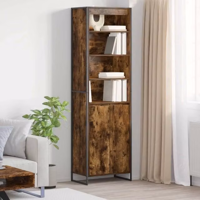 Armadio alto vidaXL in stile industriale in legno e metallo, colore marrone quercia fumosa, con ante a battente e ripiani interni, L: 60 cm, P: 36 cm, H: 200 cm – 1