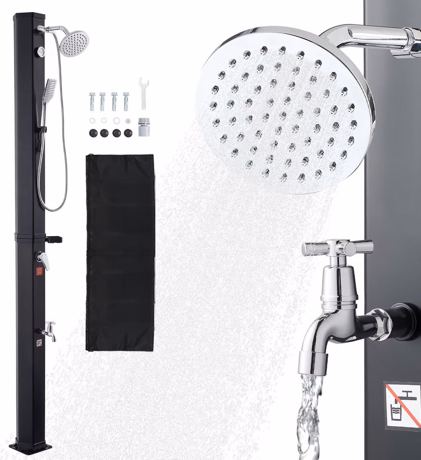 Doccia solare - Doccia da giardino e piscina 40 litri - Altezza 229 cm - Miscelatore acqua calda e fredda - Doccetta e valvola a pedale - Max. 60 °C - Nero