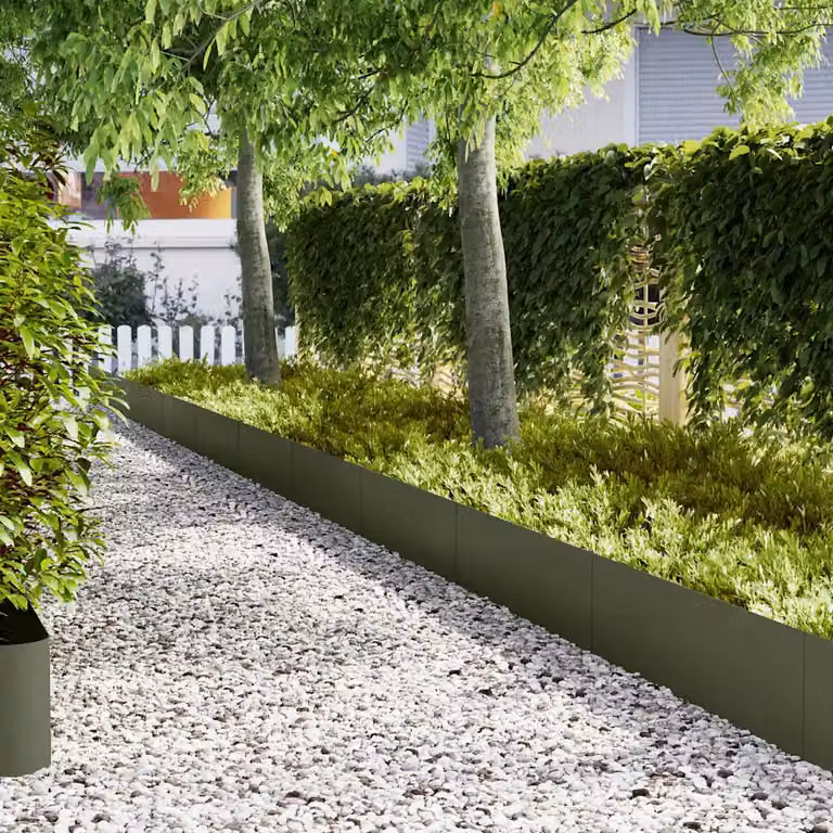 Set di 10 bordure per prato vidaXL in acciaio verde oliva, L: 100 cm, H: 30 cm, P: 0,05 cm
