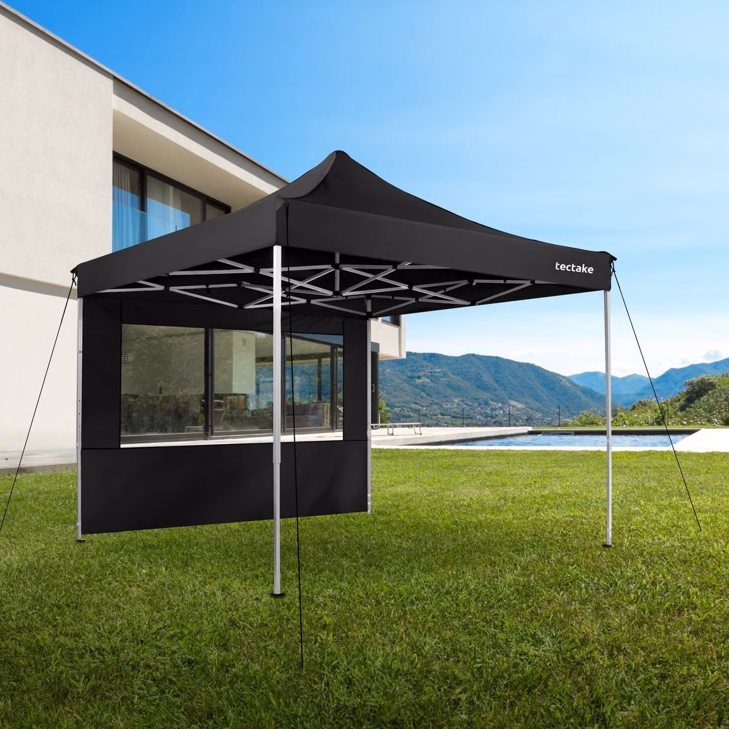Gazebo da giardino pieghevole tectake in alluminio con pareti laterali e finestre, nero, L: 300 cm, P: 300 cm, H: 310 cm – 2