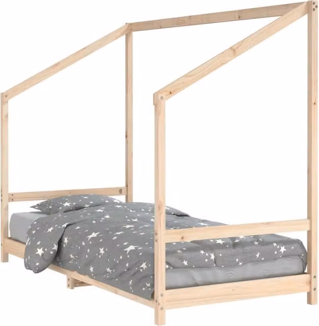 Letto a casetta per bambini in legno massello di pino bianco, L/P/H: 205.5 x 90 x 158 cm
