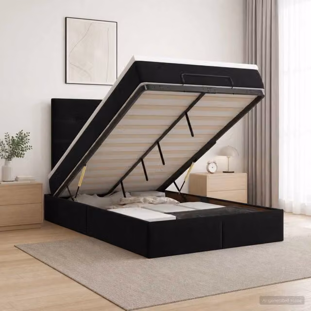 Letto ottomano con contenitore a sollevamento vidaXL in velluto nero con materasso, L/P/H: 200 x 120 x 140 cm