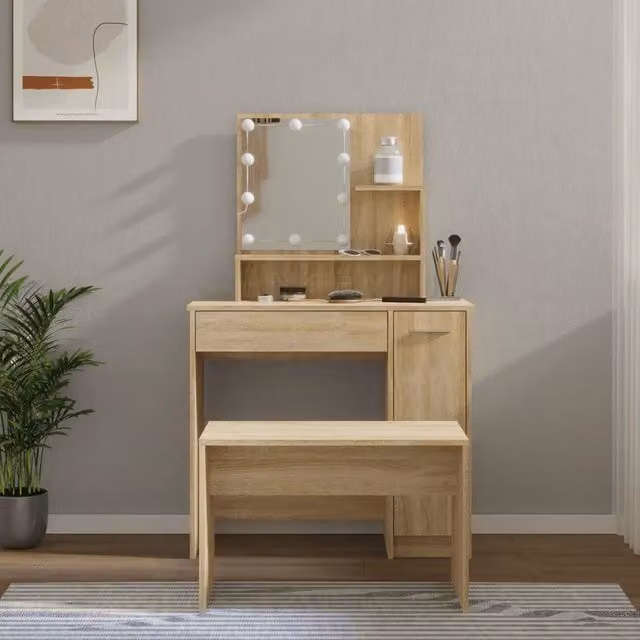 Set Tavolo da Toeletta con LED vidaXL in Legno Rovere Marrone L: 136 cm, P: 35 cm, H: 86,5 cm