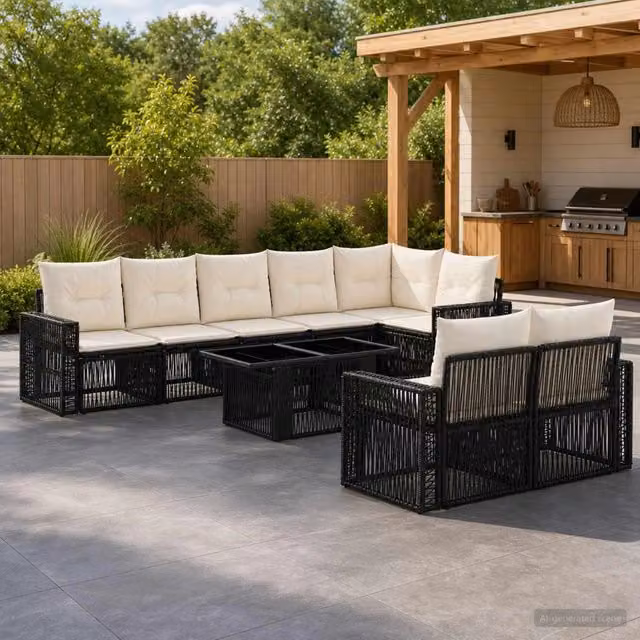 Set Divano da Giardino 9 pz Nero e Bianco Crema polyrattan 3436819