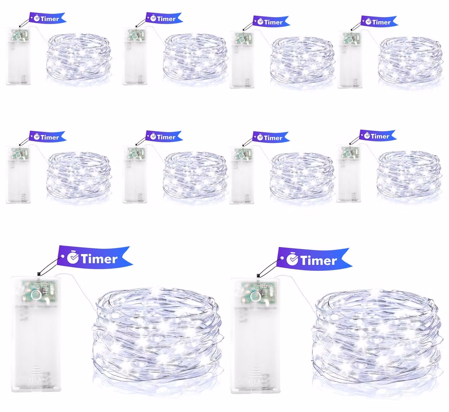 Catena luminosa con filo di rame, 10 LED bianchi freddi, lunghezza 1 metro, con timer. Set da 10