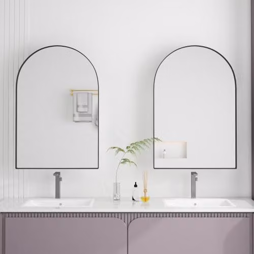 AIORBER Armadio a specchio ad arco con spazio di archiviazione, armadio a specchio da bagno con telaio in metallo e ripiani regolabili, montaggio a parete o da incasso, nero