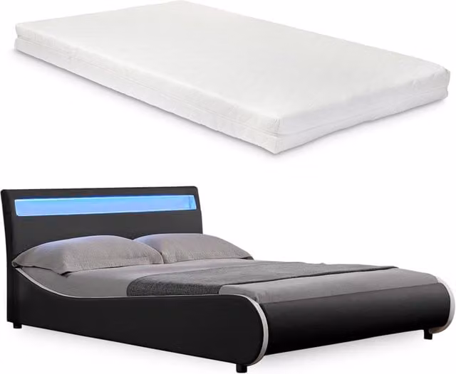 Letto Francese Corium con Materasso e Illuminazione LED sotto il letto, Testiera Alta in Similpelle Nero, L/P/H: 140 x 200 x 221 cm