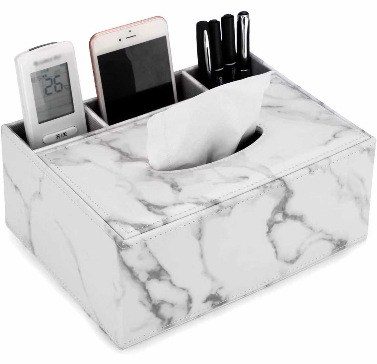 Scatola per fazzoletti con vano porta telecomando, rivestita in ecopelle, effetto marmo, colore bianco, dimensioni 23,5x16,5x9,5 cm
