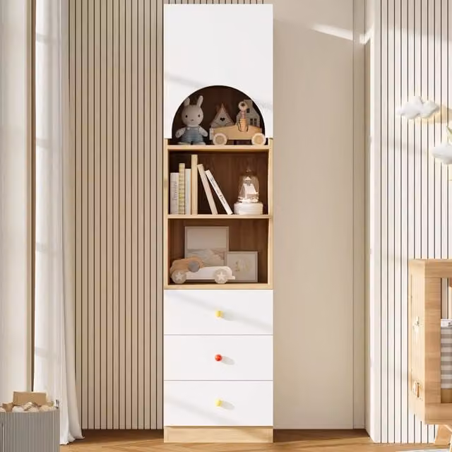Libreria Singularty con ante a battente, cassetti e ripiani interni, finitura effetto legno opaco, ideale per cameretta o camera da letto, H: 200 cm, L: 50 cm, P: 44,5 cm