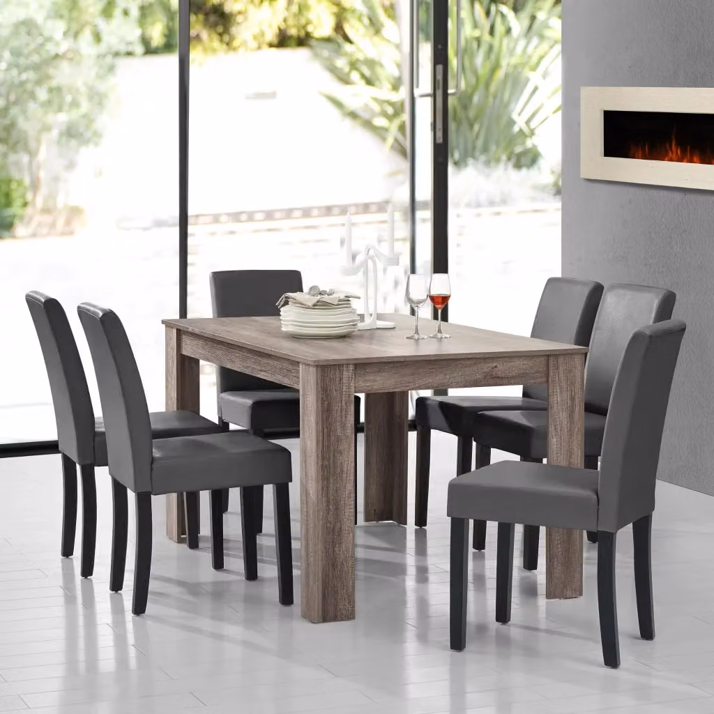 Set Pranzo en.casa con Tavolo Rettangolare e 6 Sedie in Similpelle, Effetto Rovere Antico e Grigio Scuro, L: 140 cm, P: 90 cm, H: 77 cm – 2