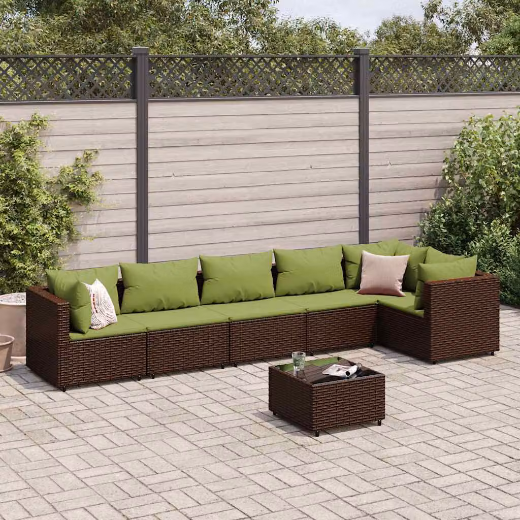 vidaXL Set Divani da Giardino 7 pz a Forma a L con Tavolino in Vetro e Cuscini Marroni e Verdi – 1