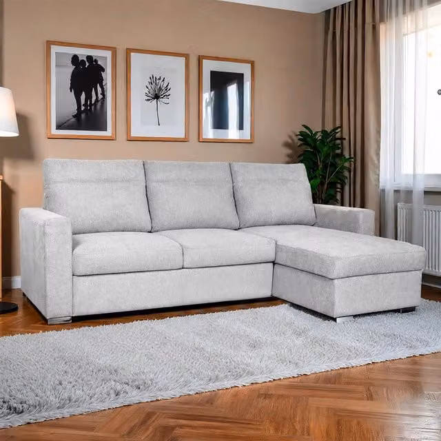 Divano Elba TEZETA con Letto Estraibile e Penisola Contenitore Reversibile in Tessuto Grigio o Bianco per il tuo Soggiorno L/P/H: 247 x 155 x 114 cm