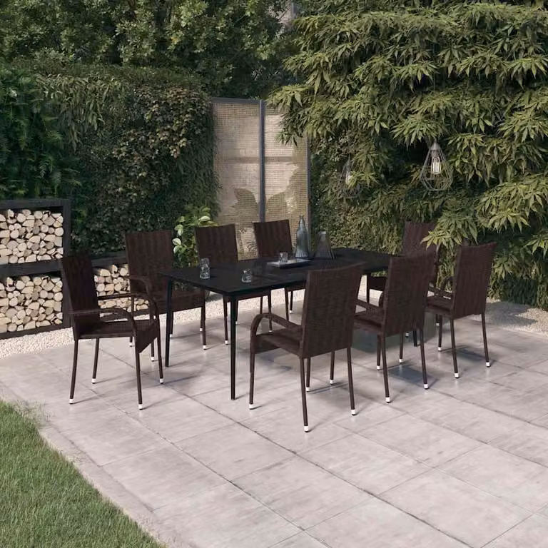 Set da pranzo da giardino vidaXL in rattan con tavolo in vetro e 9 pezzi, marrone e nero