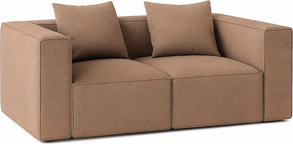 Divano a 2 posti Box, 2 cuscini decorativi beige, marrone.
