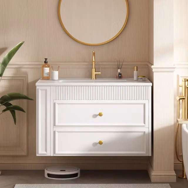 Mobile sottolavabo sospeso con 2 cassetti, vano laterale e portarotolo, per bagno, in MDF bianco, 81 × 47 × 52 cm