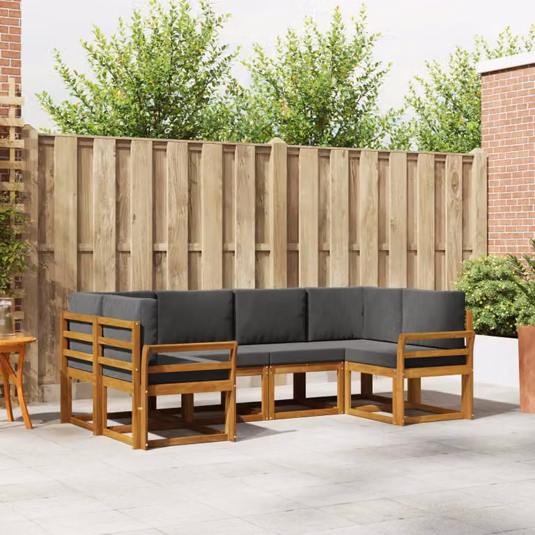 Set di divani da esterno vidaXL a forma di L composto da 6 pezzi in legno di acacia con cuscini in tessuto color antracite e marrone naturale