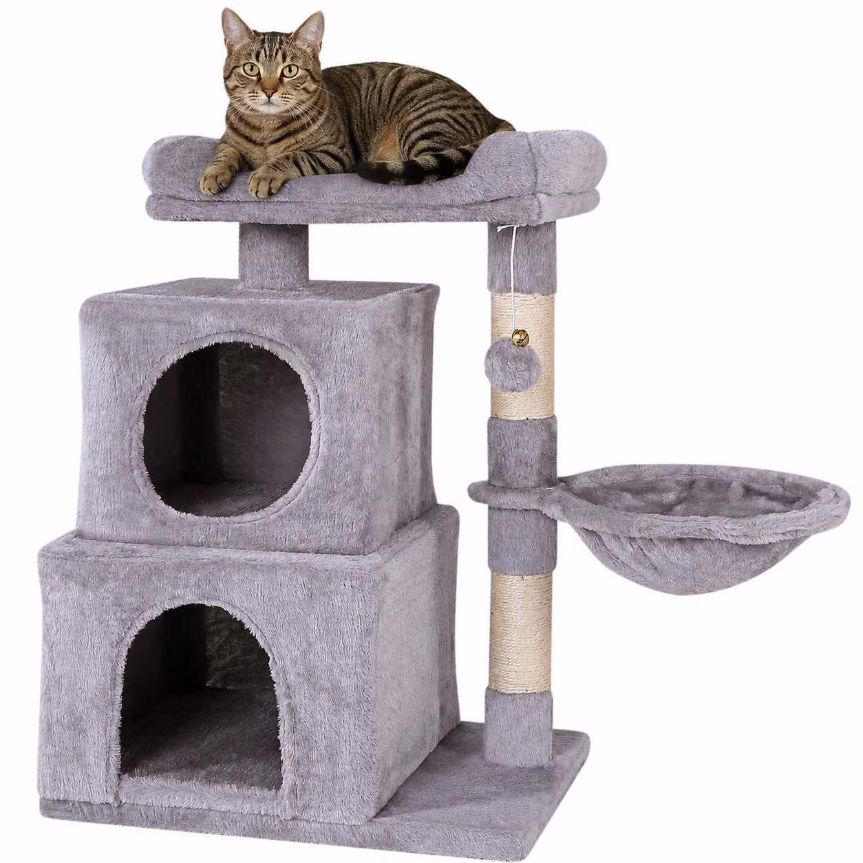 tiragraffi per gatti lionto, 70 cm con 2 grotte, mangiatoia, lettino e palla da gioco, robusto e accogliente, grigio chiaro