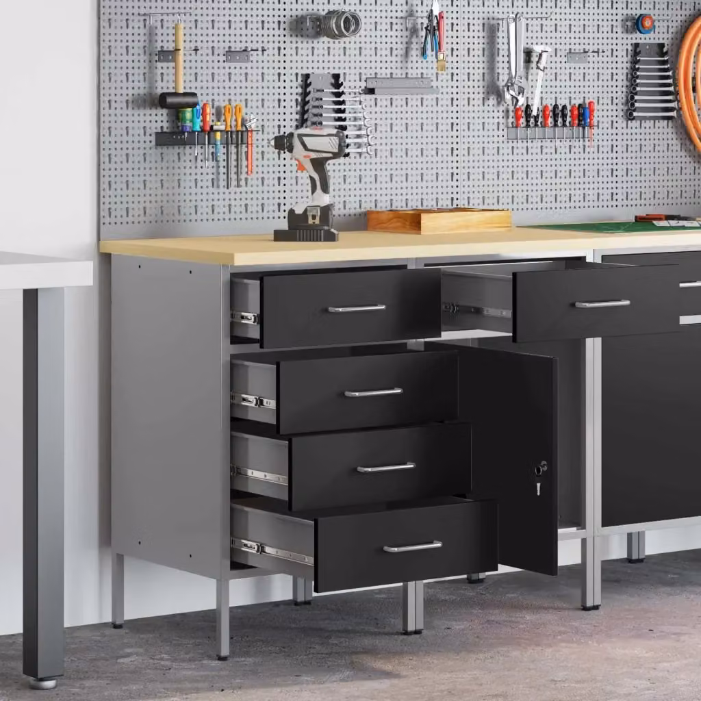 Set di 2 mobili da lavoro DESIGN IN in acciaio e legno, colore nero e grigio, L: 100 cm, P: 55 cm, H: 85 cm – 2