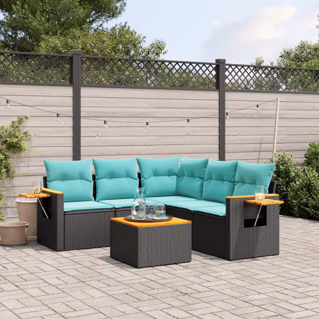 vidaXL Set Divani da Giardino a L 6 pz in Polyrattan Nero con Cuscini Blu e Coperture Rimosse – 1