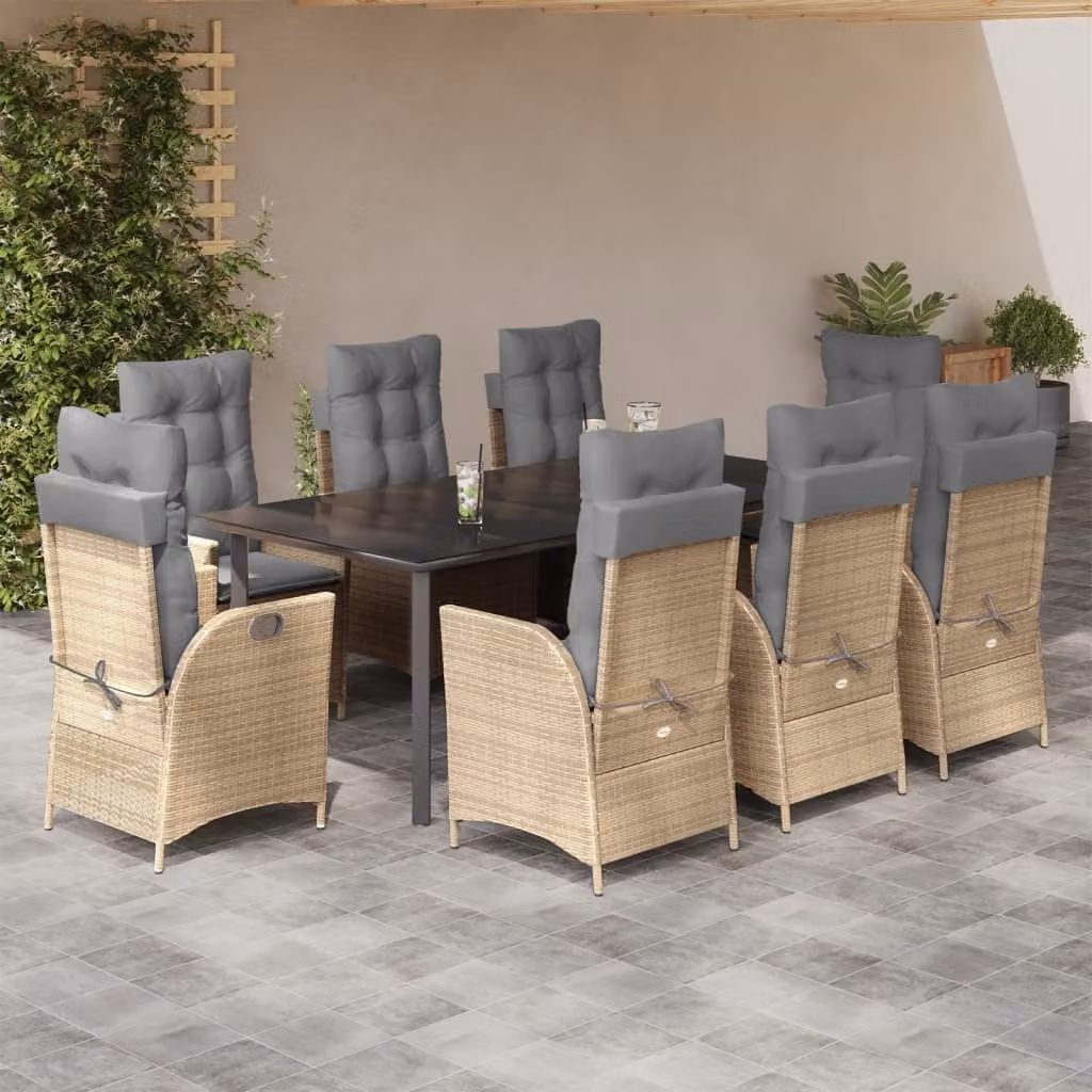 vidaXL Set da Pranzo da Giardino 9 pz in Polyrattan con Cuscini Beige e Tavolo in Vetro – 1