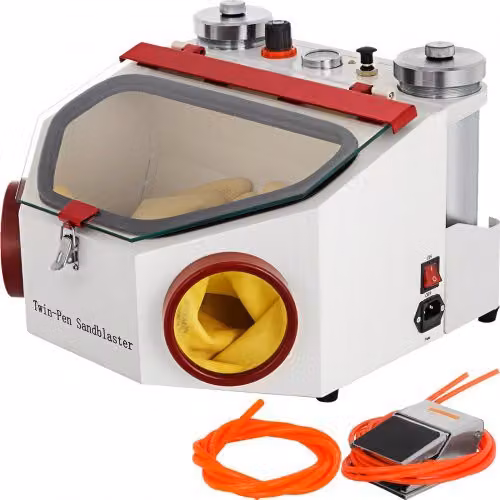 Sabbiatrice da banco VEVOR per laboratorio odontotecnico con 2 penne in metallo e ceramica, finestra di visualizzazione ampia e illuminazione LED, colore bianco e trasparente