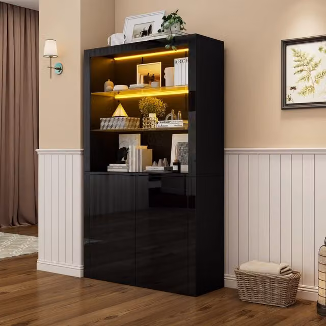 Vetrina OKWISH moderna per soggiorno con LED e ante in vetro, finitura nera lucida, L: 100 cm, P: 35 cm, H: 170 cm