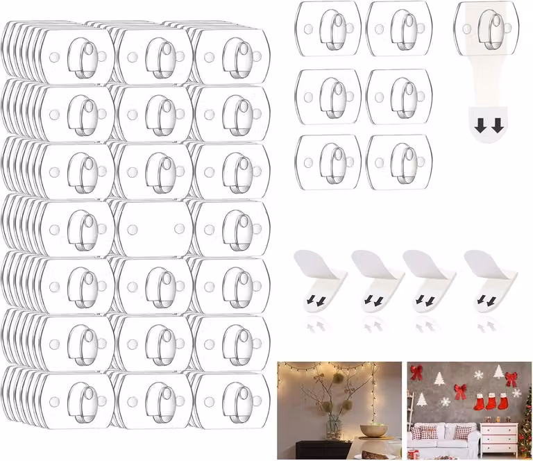 Mini clip trasparenti per luci, confezione da 7, con 140 ganci e 140 strisce adesive, ideali per decorazioni natalizie