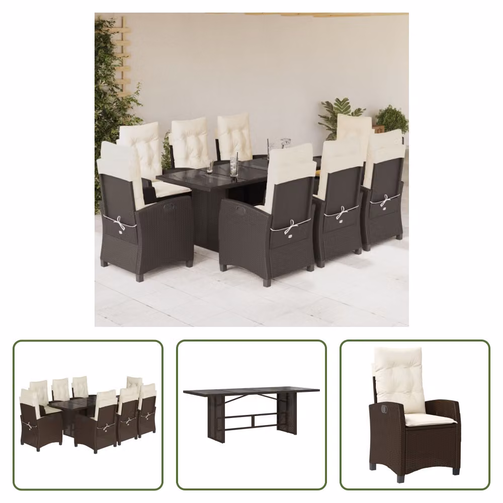 The Living Store Set da pranzo da giardino 9 pezzi con cuscini in polirattan marrone
