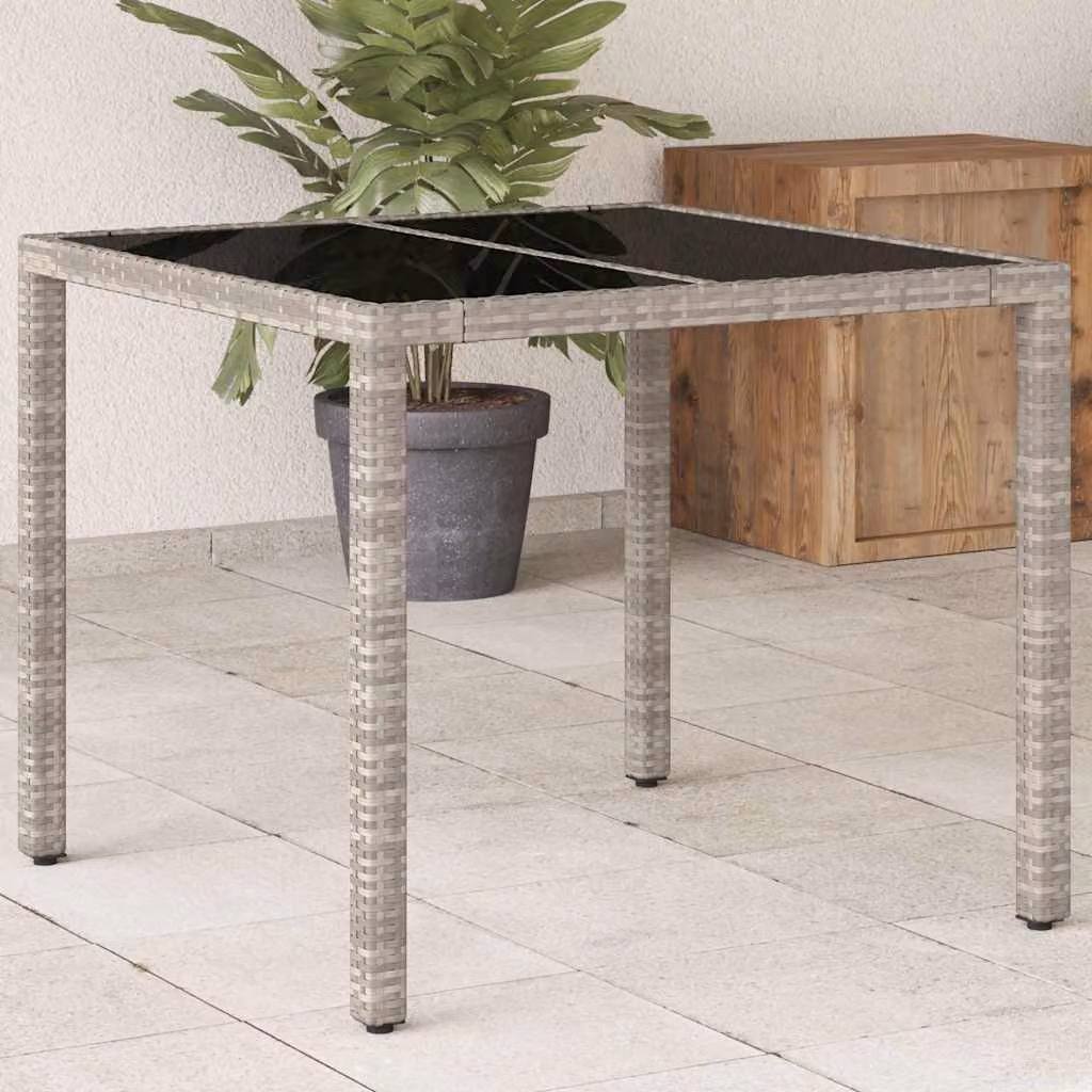 Tavolo da giardino moderno vidaXL in polyrattan grigio con piano in vetro, L 90 cm x P 90 cm x H 75 cm