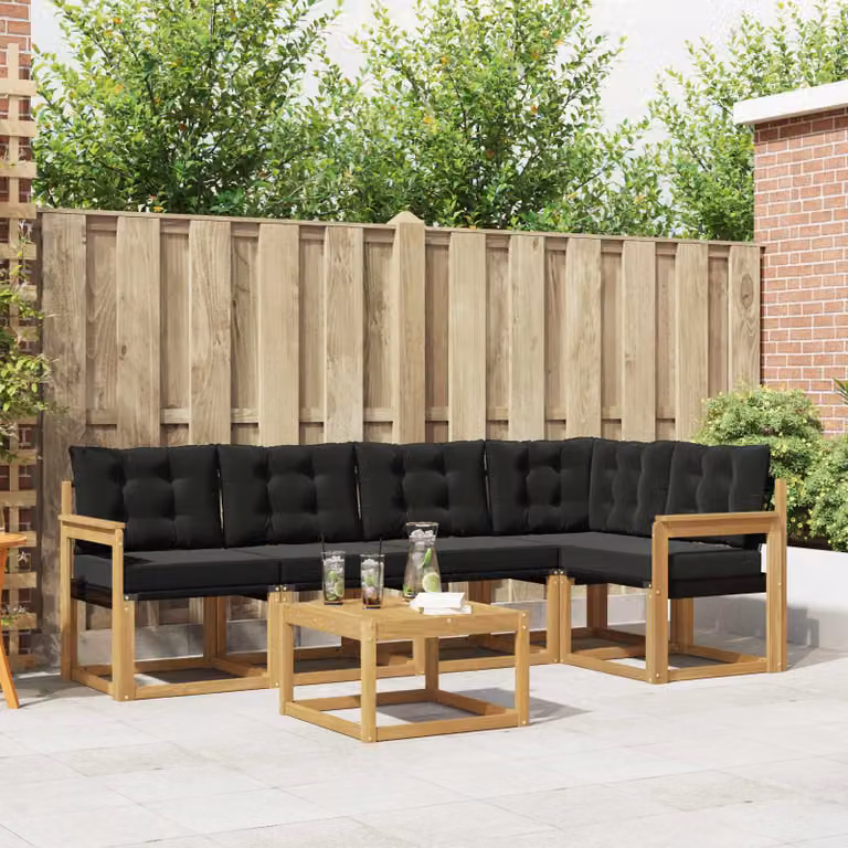 Set di divani da esterno vidaXL a forma di L composto da 6 pezzi con tavolino da caffè, in legno di acacia trattato e tessuto textilene, colori bianco, nero e marrone