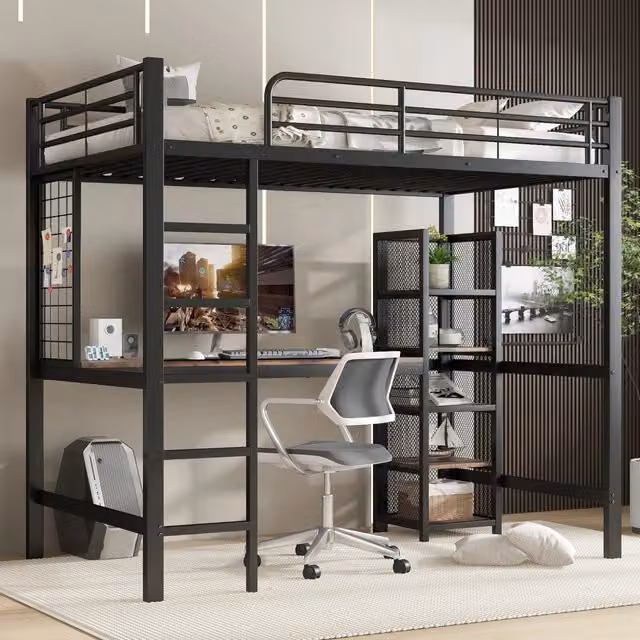 Letto a soppalco singolo WISHDOR con scrivania, scaffale e scala, L/P/H: 200 x 90 x 180 cm, in MDF e metallo, nero e noce scuro