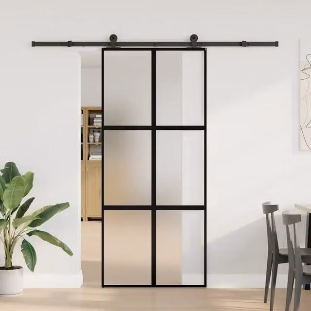 Porta Scorrevole Minimalista vidaXL in Vetro Temperato e Alluminio, Colore Nero, L 90 cm x H 205 cm