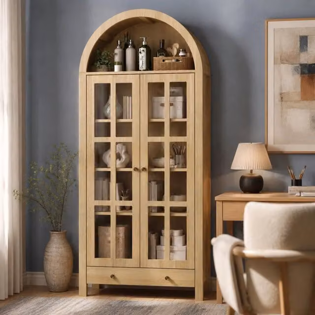 Vetrina alta ad arco con ante in acrilico trasparente e cassetto per soggiorno in MDF naturale 75 × 35 × 170,5 cm