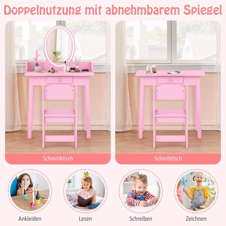 Tavolo da toeletta per bambini con sgabello, specchio a LED, contenitore