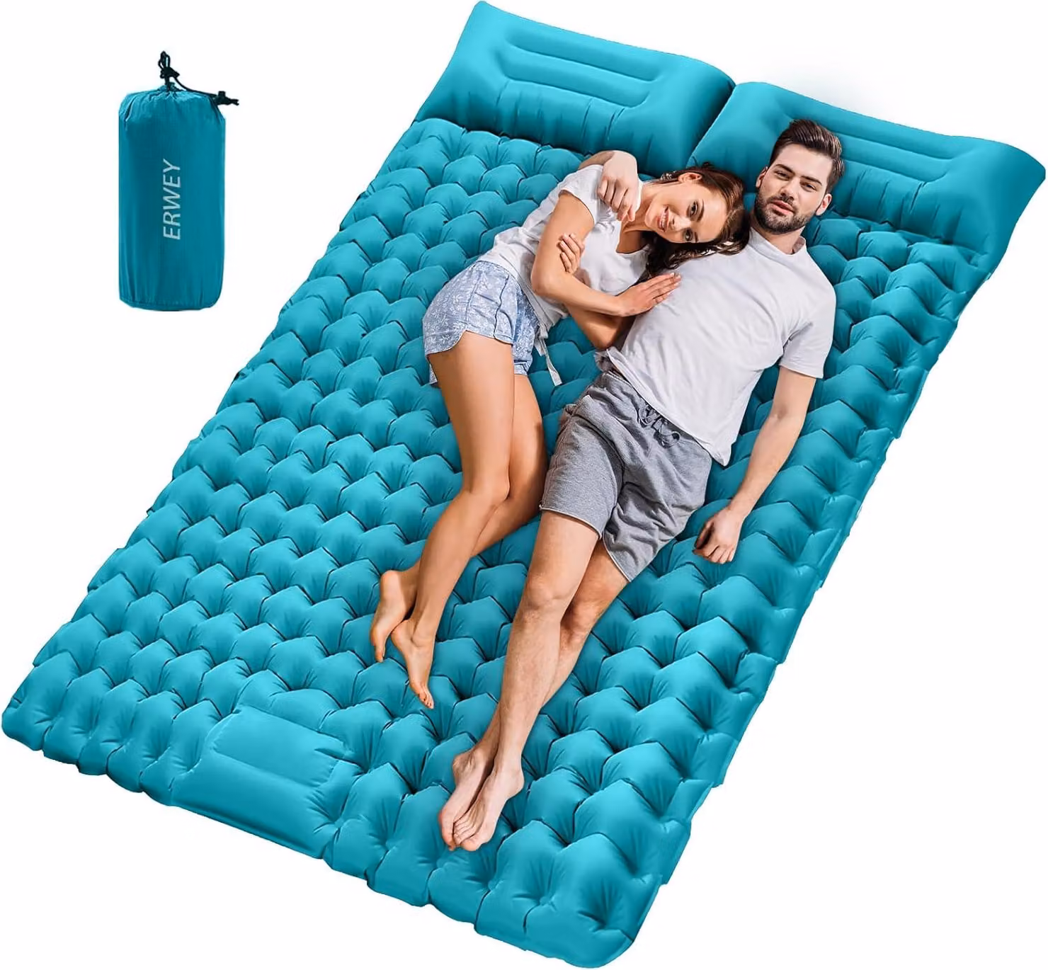 Materasso gonfiabile, 200x135x10 cm, con pompa a pedale e cuscino, ideale per il campeggio, colore ciano