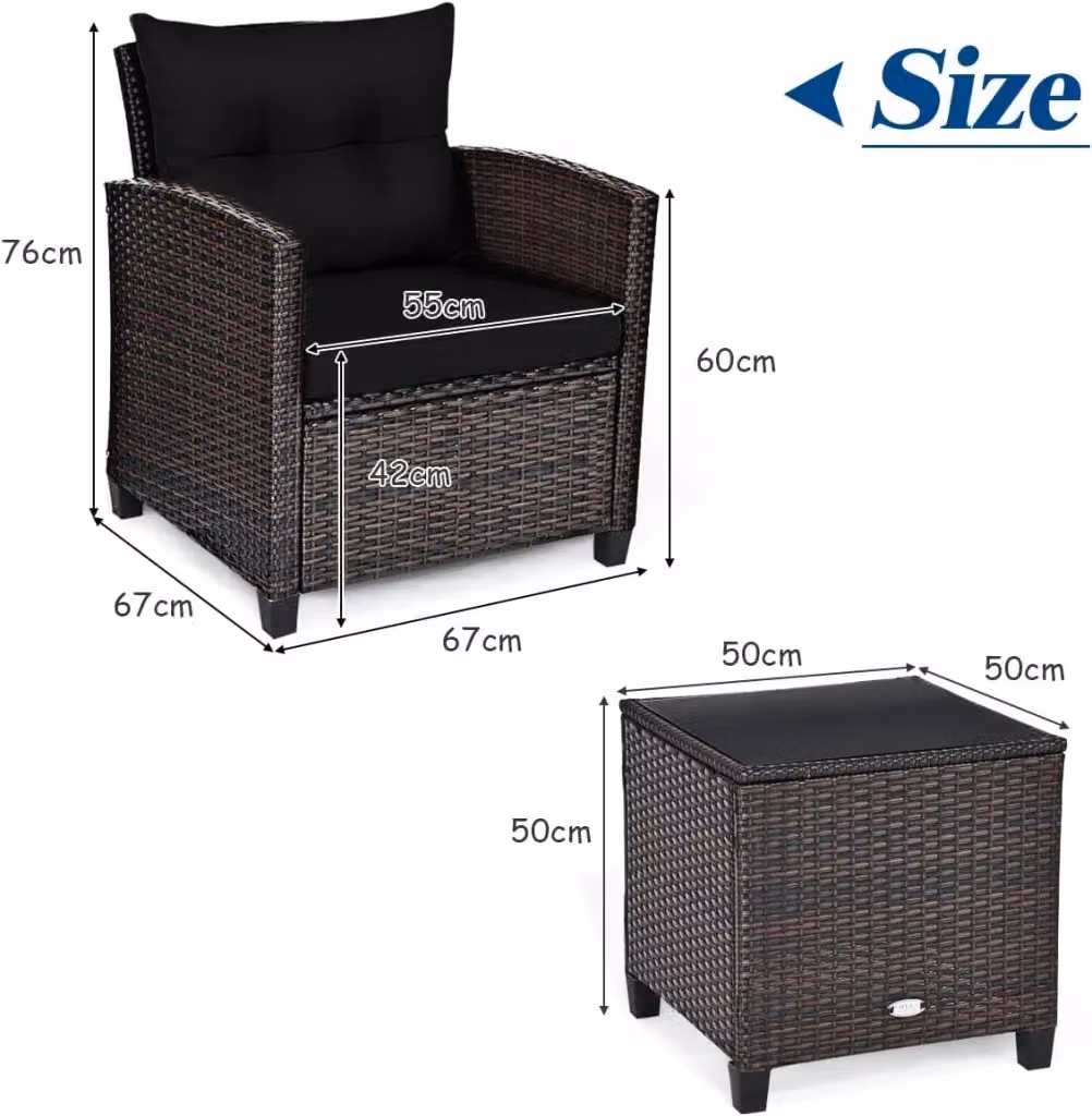 Set di 3 mobili da giardino Costway in rattan con piano in vetro, composto da 1 tavolino e 2 sedie con 4 cuscini rimovibili, colore nero e marrone – 2