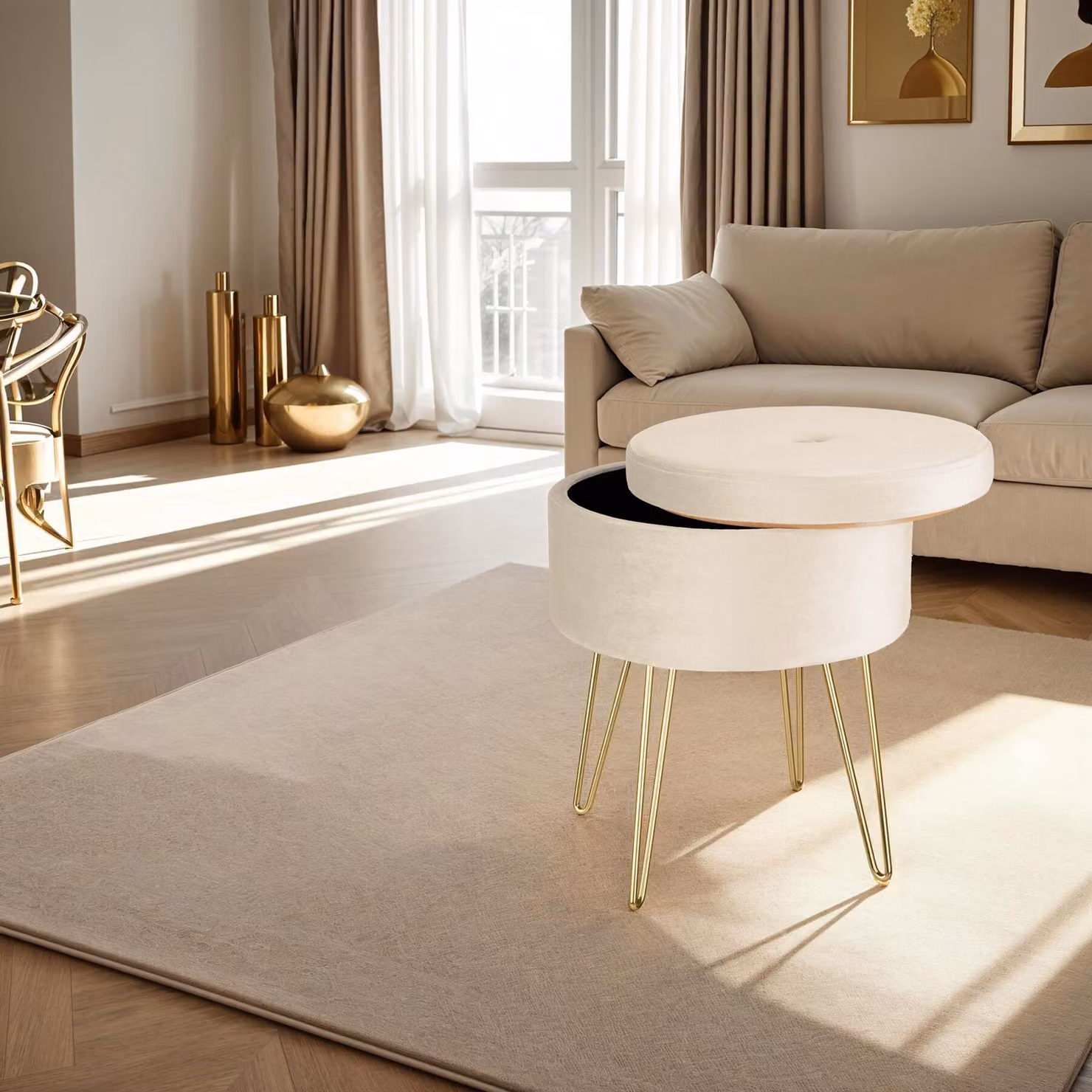Sgabello Ava tectake in velluto beige con struttura in metallo L/P/H: 37.5 x 37.5 x 44.5 cm – 2