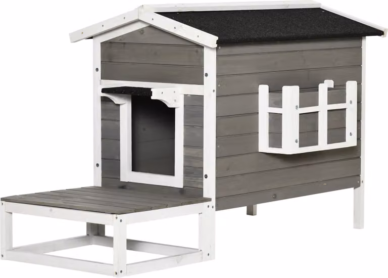 Casetta per gatti con terrazza e balcone per gatti e cani, in legno di abete grigio e bianco, 115 x 66,5 x 74,7 cm,